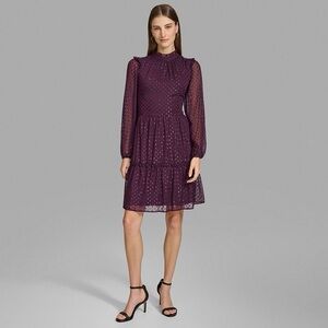NWT. Harper Rose Long Sleeve Ruched Neck Ruffle Dress. Aubergine. Size 16.